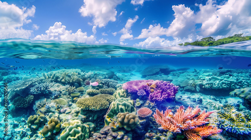 Panoramic image showcasing the stunning marine life and clear waters of the Great Barrier Reef in Australia © Frank Gärtner