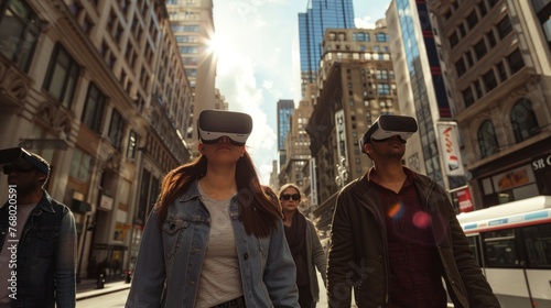 group of people with virtual reality glasses on the street in high resolution and high quality