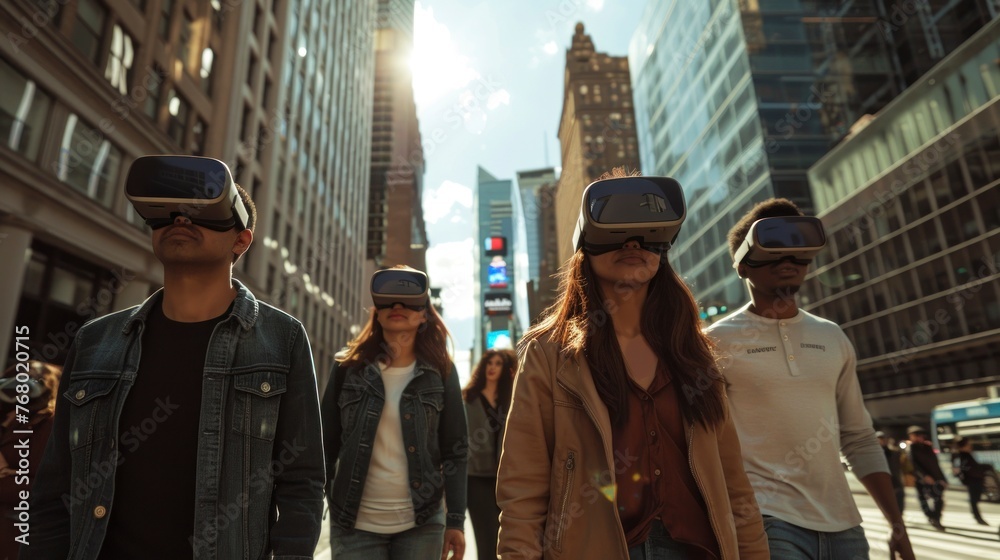 group of people with virtual reality glasses on the street in high resolution and high quality. concept rv glasses group of people with virtual reality glasses on the street in high resolution and high quality. concept rv glasses