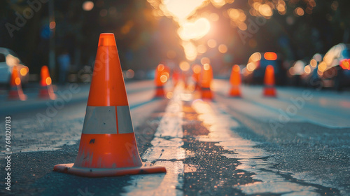 Close-up photo of orange signal cone with white stripes that signal problems on public roads or construction or repair work.