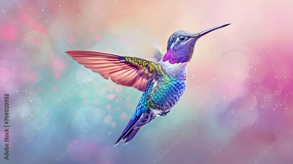 A colorful hummingbird flying in the air against a pastel background with bokeh lights
