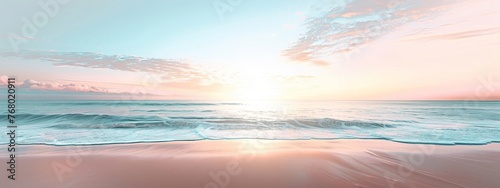 a minimalist banner showcasing a wide, panoramic view of the beach at sunset, emphasizing the vastness of the sea meeting the sand