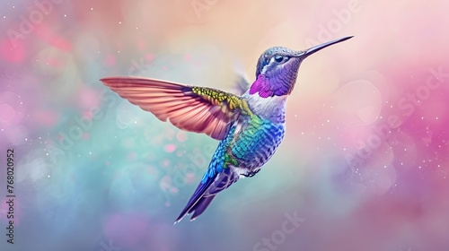 A colorful hummingbird flying in the air against a pastel background with bokeh lights © MdTuhinul