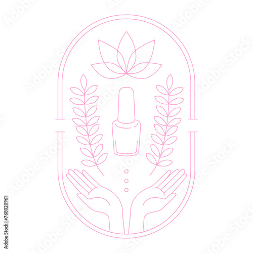 Vector design template in linear style. Nail studio varnish emblem. Beauty spa, heart and Varnish with stars