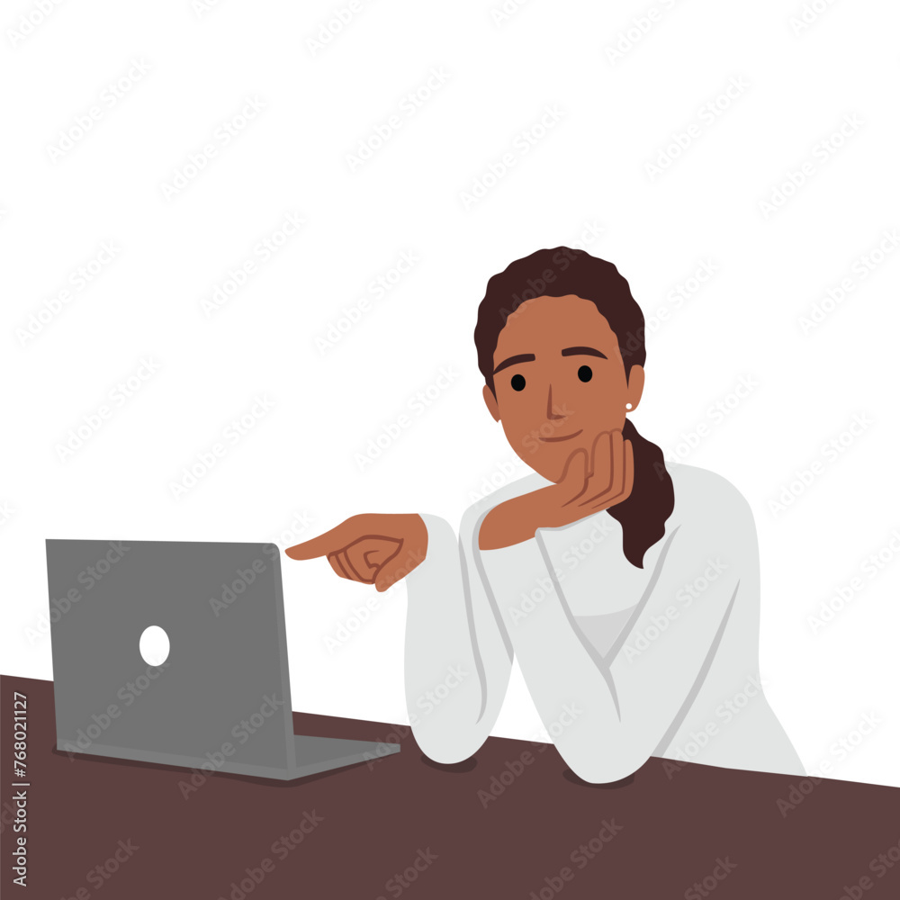 Black woman pointing at the laptop while smiling and holding her chin. Flat vector illustration isolated on white background Black woman pointing at the laptop while smiling and holding her chin. Flat vector illustration isolated on white background