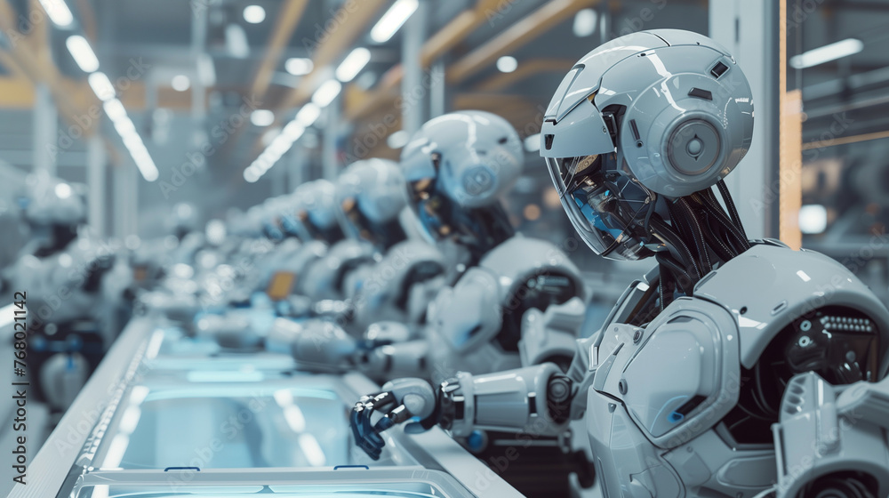 Revolutionary futuristic robotics assembly line utilizing humanoid robots and automated systems for industrial automation and high-tech manufacturing in a smart factory setting Revolutionary futuristic robotics assembly line utilizing humanoid robots and automated systems for industrial automation and high-tech manufacturing in a smart factory setting