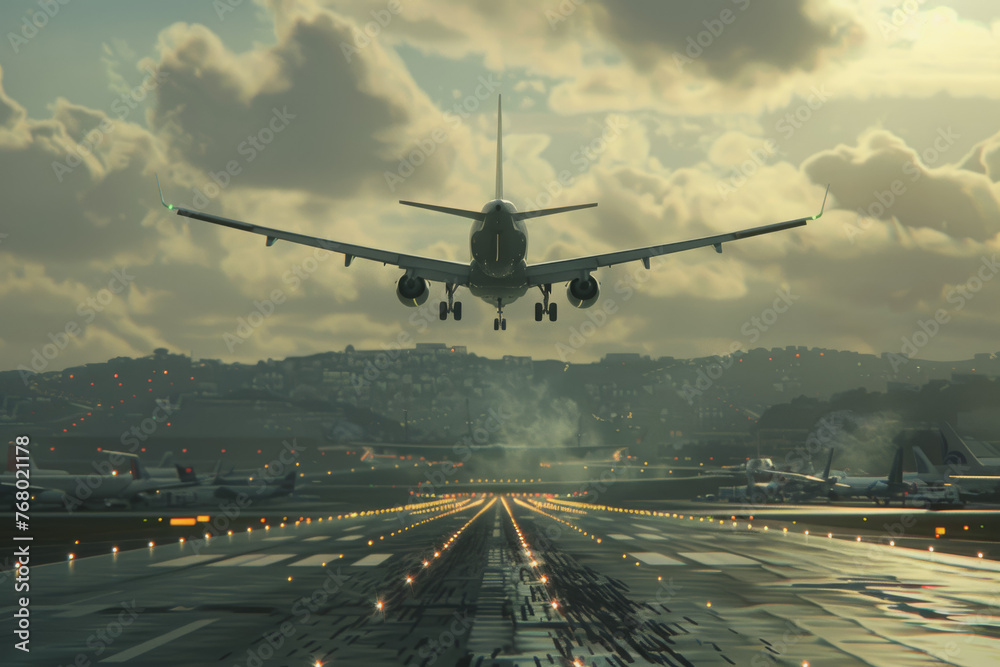 Realistic photo of an airport with an aircraft taking off. daylight Realistic photo of an airport with an aircraft taking off. daylight
