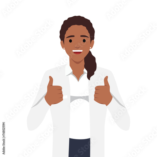 Young doctor in a medical coat shows gesture thumbs up two hands. Flat vector illustration isolated on white background