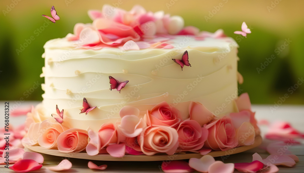 A vanilla cake with pink and white decorations, including rose petals and butterfly-shaped sprinkles A vanilla cake with pink and white decorations, including rose petals and butterfly-shaped sprinkles