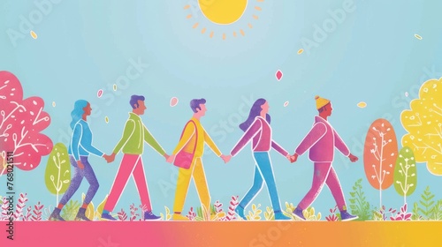 Colorful Illustration of Diverse People Holding Hands and Walking Under the Sun in a Vibrant Park