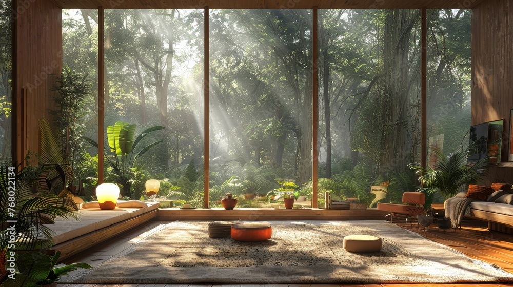 an eco-friendly virtual world that combines real forest textures with 3D sustainable living spaces, using earth tones and natural light, targeting environmentally conscious audiences. - obrazy, fototapety, plakaty 
