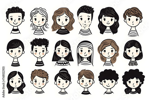 Set of doodle people faces black and white, minimalist line drawing