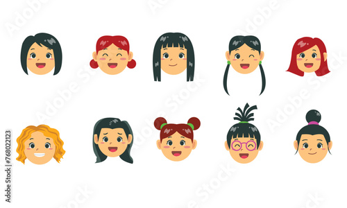 Set of girls happy face vector, Girl Avatar, Inspiration of girl face cartoon