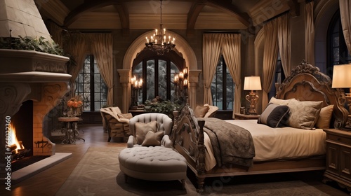 Romantic Old World-inspired master suite with canopied bed, dual-sided fireplace, hand-carved accents, and chaise lounges