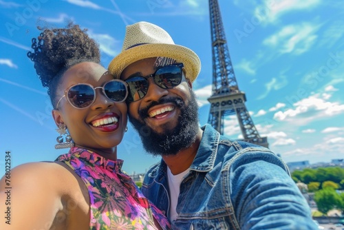 Happy young couple of tourists smiling and posing for a selfie in front of the iconic Eiffel Tower in Paris, France, during their romantic vacation photo