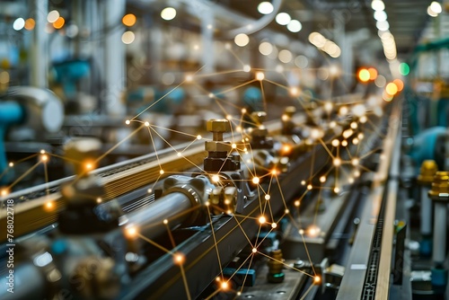 A network of connected devices in a modern factory illustrating the concept of Industry 40. Concept Smart Manufacturing, Internet of Things, Automation, Big Data, Digital Transformation