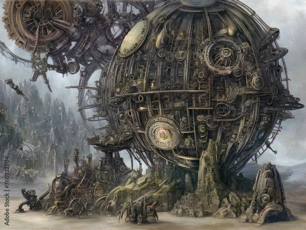 Alien Steampunk Planet, Oil Painting