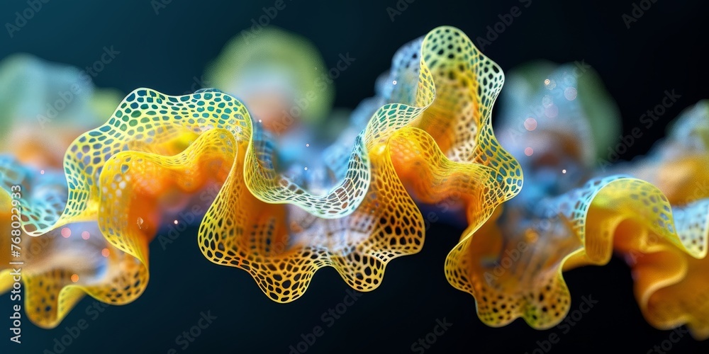Avant-garde 3D architectural render of an abstract, geometrically fragmented podium garden with holographic, fractal-patterned plants swirling in a dynamic, digital wind