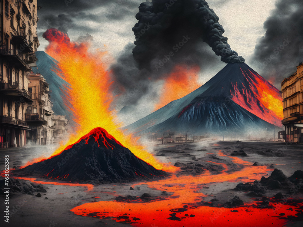 Volcano Death on Street of Ancient Medieval City, Oil Painting