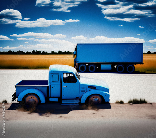 Truck Driving on Road, Oil Painting