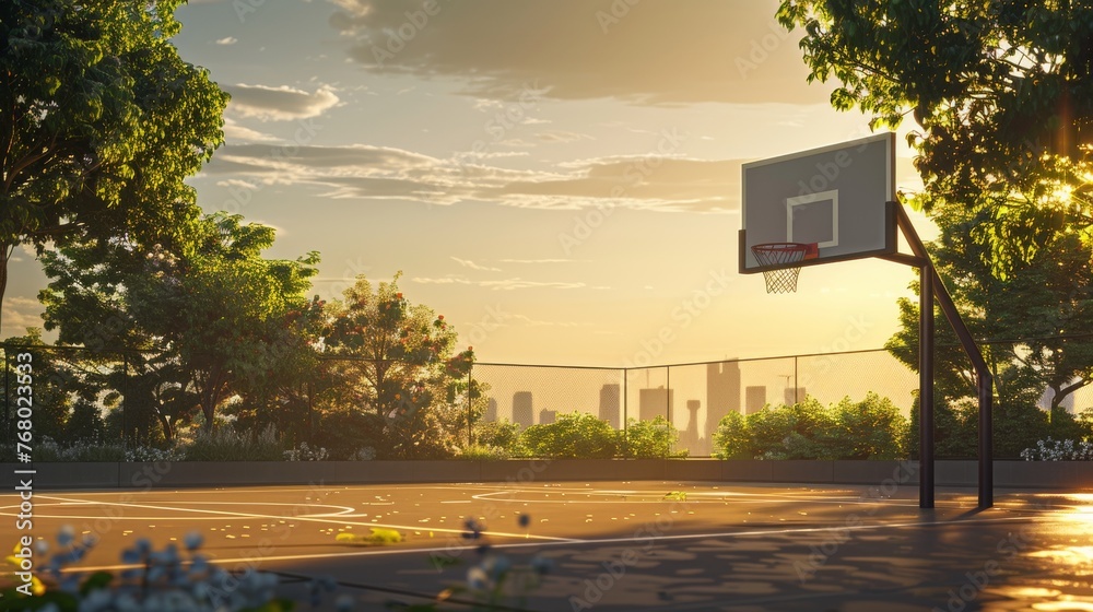 Basketball Spring Background Basketball court outside, simple style, sunset glow, spring's greenery ...