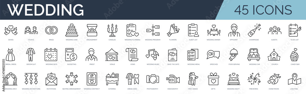Set of 45 outline icons related to wedding. Linear icon collection. Editable stroke. Vector illustration Set of 45 outline icons related to wedding. Linear icon collection. Editable stroke. Vector illustration
