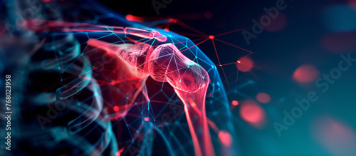 A highly detailed 3D illustration of human shoulder anatomy with glowing skeletal and neural networks on a dark background