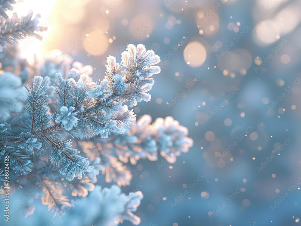 Close-Up of Frosty Pine Branches, Cool Winter Tones for a Seasonal Background, 3D Render