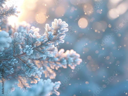 Close-Up of Frosty Pine Branches, Cool Winter Tones for a Seasonal Background, 3D Render