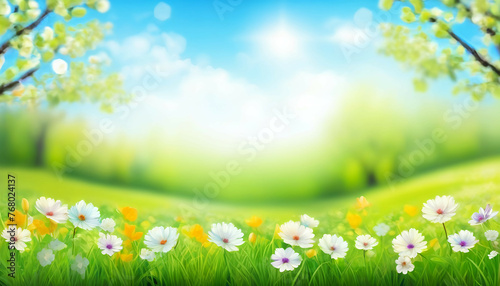 Beautiful blurred spring background nature with blooming glade, trees and blue sky on a sunny day. © Alamin