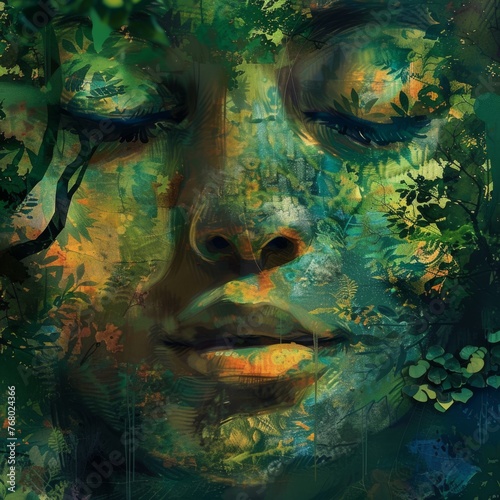 Surreal portrait blending a woman's face with dense, vivid greenery, evoking a connection between human and nature
