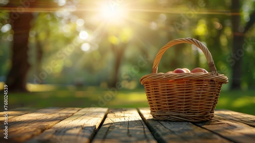 Summer picnic scene with wicker basket on a wooden table outdoors photo