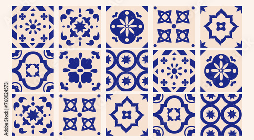 Various square Tiles. Different blue ornaments. Traditional mediterranean style. Hand drawn Vector illustration. Ceramic tiles. Isolated design elements. Grunge texture. Decorative tile pattern design © Dariia