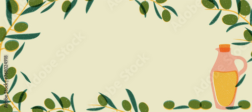 Banner with olives, bottle of olive oil, leaves, branches in risograph illustration style