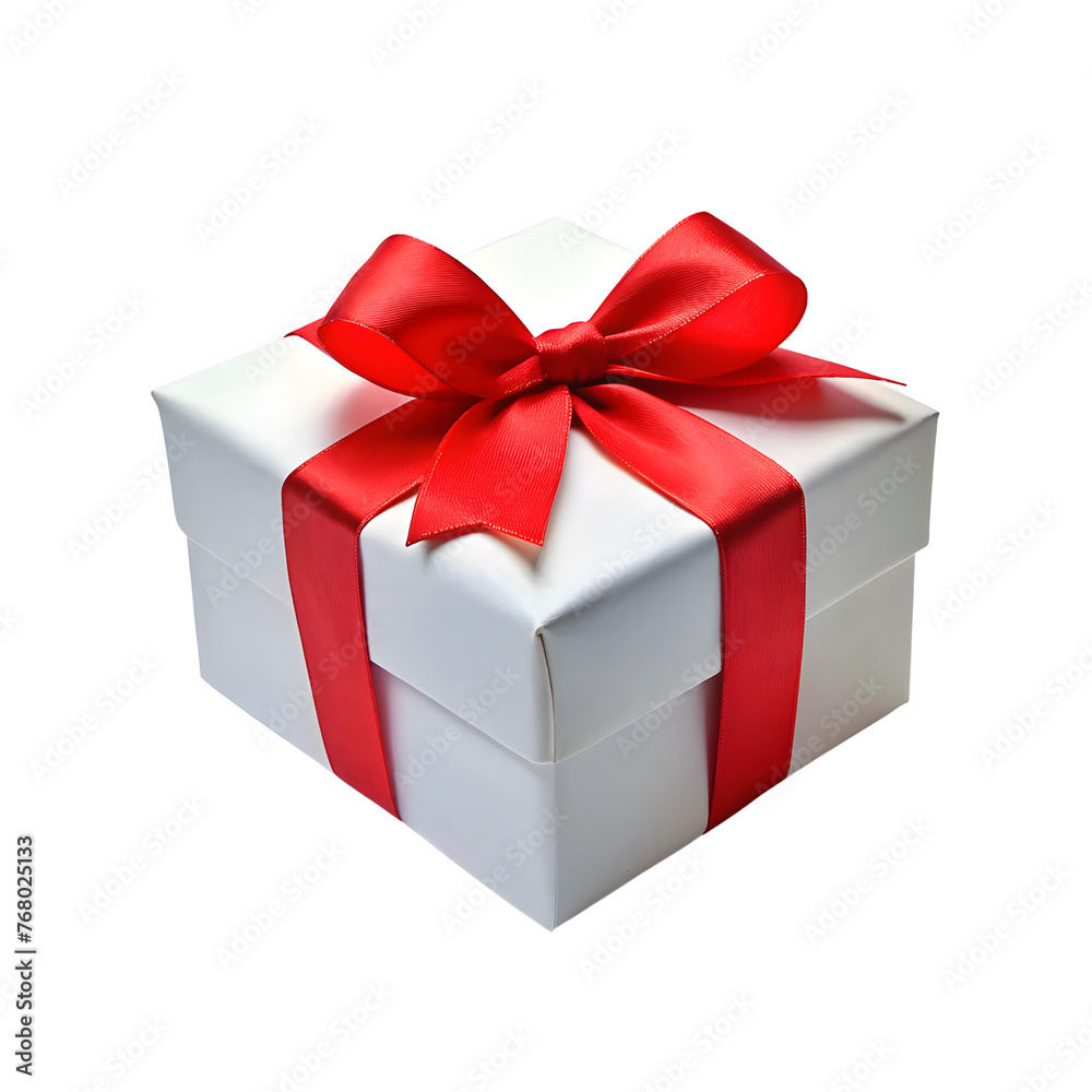 Fototapeta premium Gift box with red bow close-up, isolated on transparent background.
