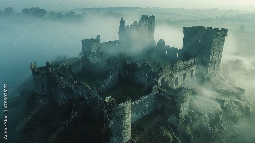Historic castle ruins from a drone's eye view, early morning mist adding a mysterious vibe, high-resolution for history and architecture publications. - obrazy, fototapety, plakaty 