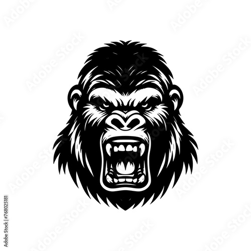 Black and white logo of an angry gorilla isolated on a white background. Vector illustration of an ape head suitable for tattoos  logos  brands.