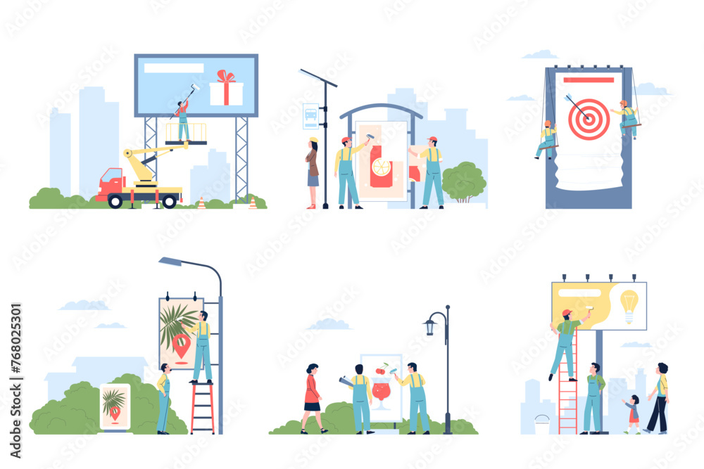 Street Billboards Flat Scenes Replacement Of Advertising Posters On