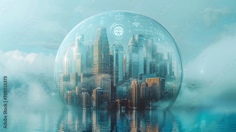 Illustrate a digital city under a protective dome with symbols of the NIS2 Directive and Cyber Resilience Act engraved on it, signifying the security and compliance umbrella these regulations provide - obrazy, fototapety, plakaty 
