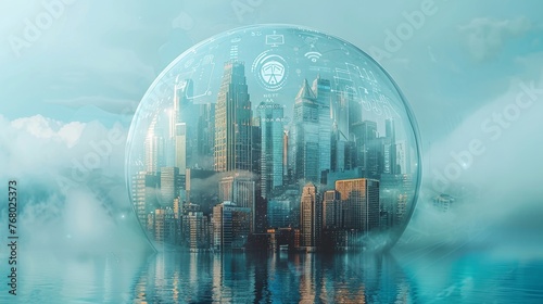 Illustrate a digital city under a protective dome with symbols of the NIS2 Directive and Cyber Resilience Act engraved on it, signifying the security and compliance umbrella these regulations provide photo