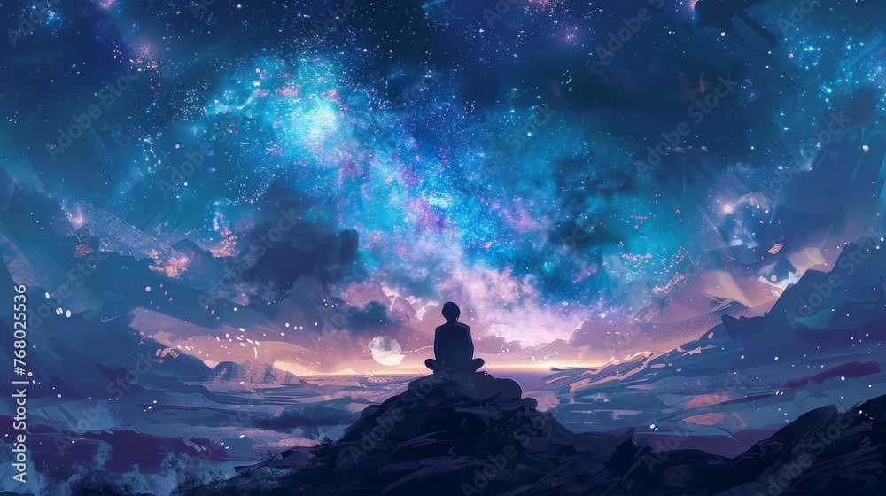 Illustrate a person sitting in meditation pose under a vast starry sky in the wilderness, capturing a sense of vastness, inner exploration, and the universe's tranquility.