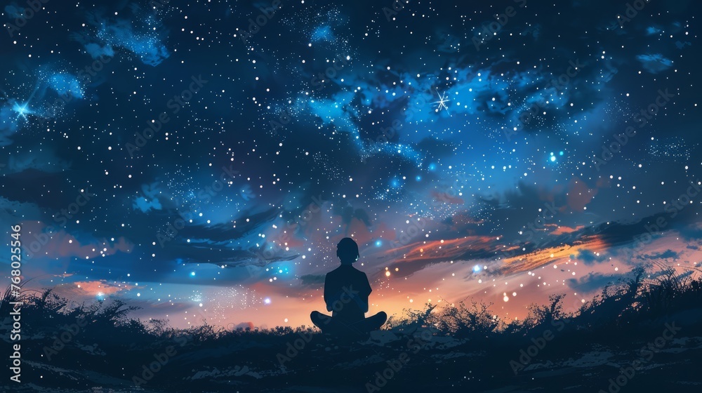 Illustrate a person sitting in meditation pose under a vast starry sky in the wilderness, capturing a sense of vastness, inner exploration, and the universe's tranquility.