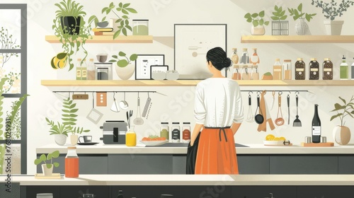 Illustrate the everyday life of a person living a zero-waste lifestyle, from shopping with reusable bags to using eco-friendly products, in a modern, minimalist home setting.