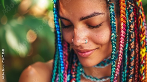 Headshot of smiling brazilian woman with terere style braid. photo
