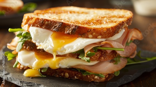 Gourmet egg sandwich professional food photography highlighting delicious poached eggs