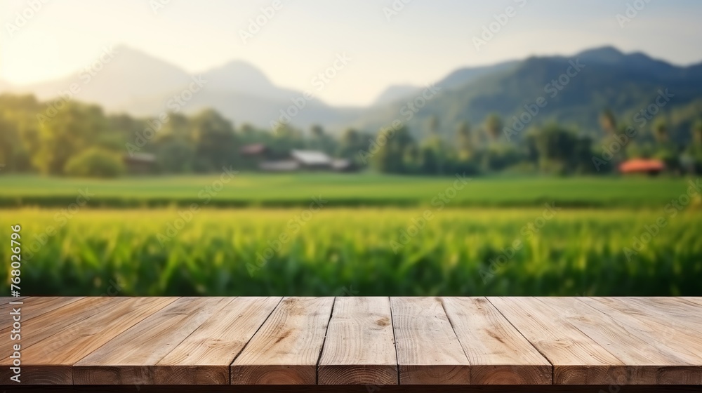 Empty wood table and blurred rice field 