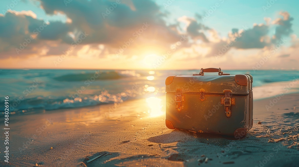 Warm sunlight casting shadows on a minimalist travel suitcase, beach getaway - obrazy, fototapety, plakaty 