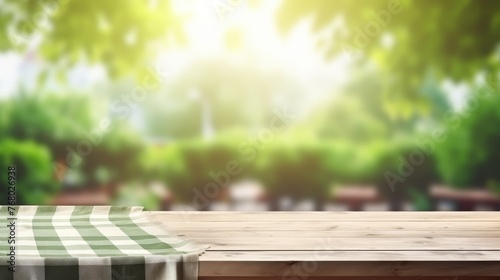  Empty wooden deck table with tablecloth with blur green courtyard background.