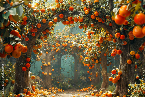 A magical orange grove full of ripe fruit with a path leading to an ornate garden gate © weerasak