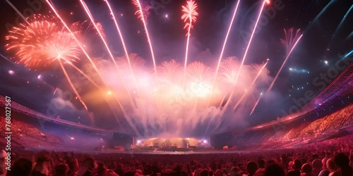 Event, live concert, halftime show, at sports stadium. Crowd of people at a live event, or concert, and cheering. Fireworks or pyrotechnics, Large audience, crowd, of a live event. 4K Video